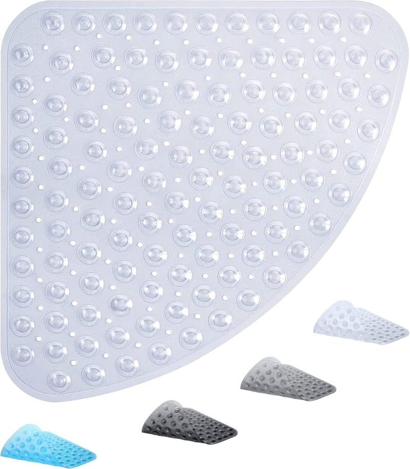 ADO Corner Shower Mat Non Slip, 21x21 inch Curved Shower Mats for Inside Shower, Anti-Slip Bath Mat with Strong Suction Cup, Drain Holes, Machine Washable, Ideal for The Elderly (Clear) - Image 1